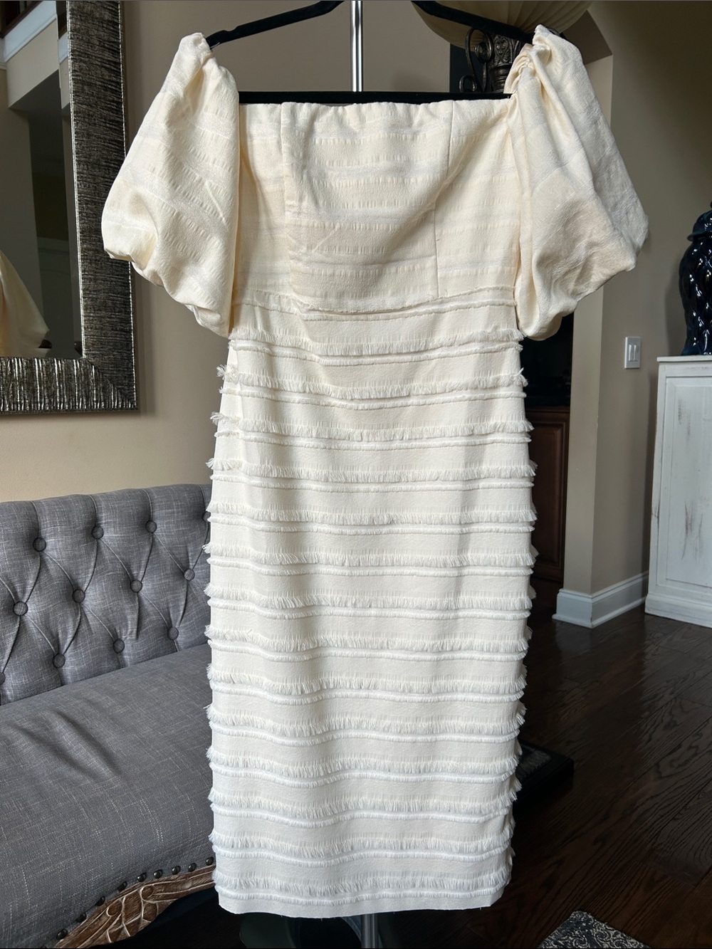 Cala by Badgley Mischka Ivory Fringe Puff Sleeve Sheath Dress Size 2 NWT
